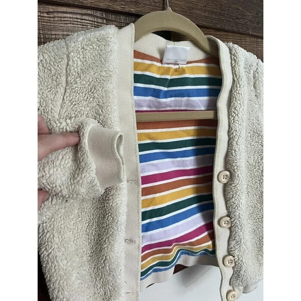 Hanna Andersson Sherpa ButtonUp Sweater Cardigan 4 ivory rainbow striped lining